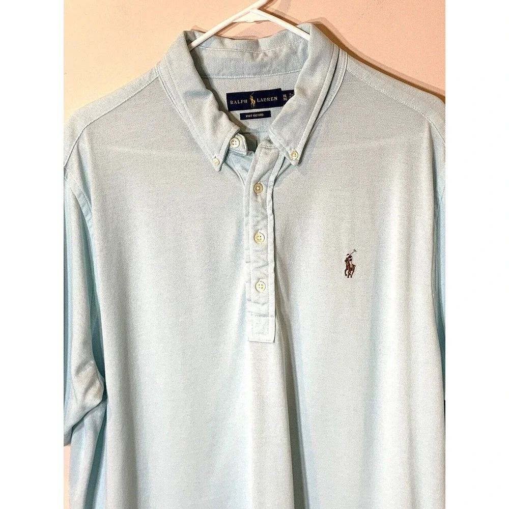 Ralph Lauren Knit Oxford‎ Shirt Mens XL Aqua Blue Short Sleeve Cotton Flesh Pony